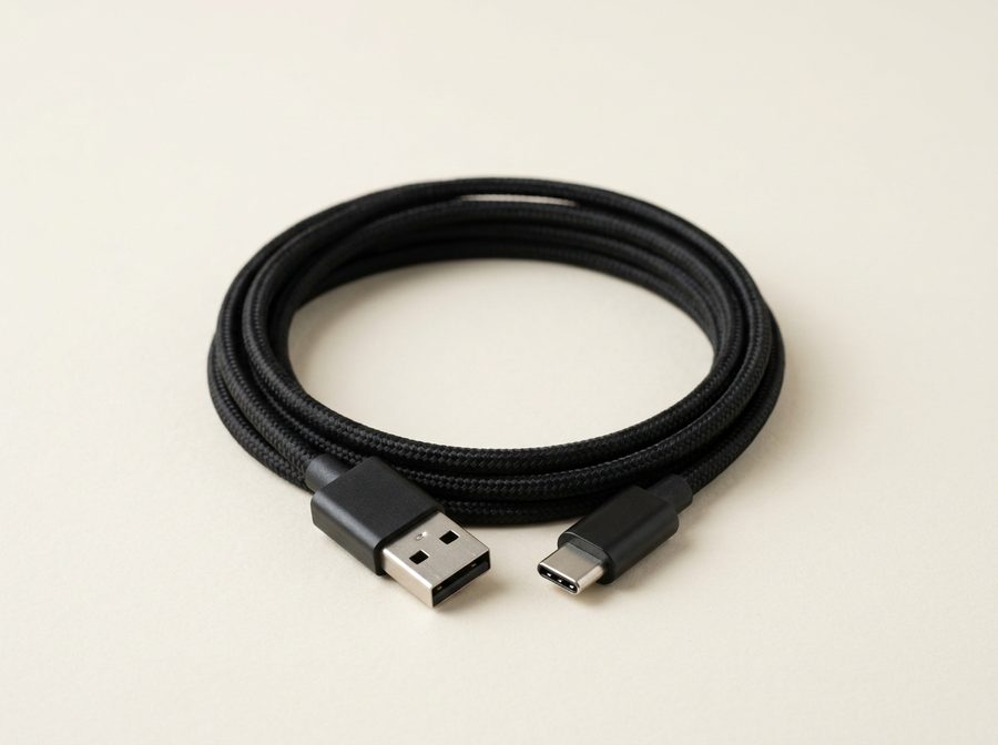 Câble USB tressé noir, connecteurs USB-A et USB-C